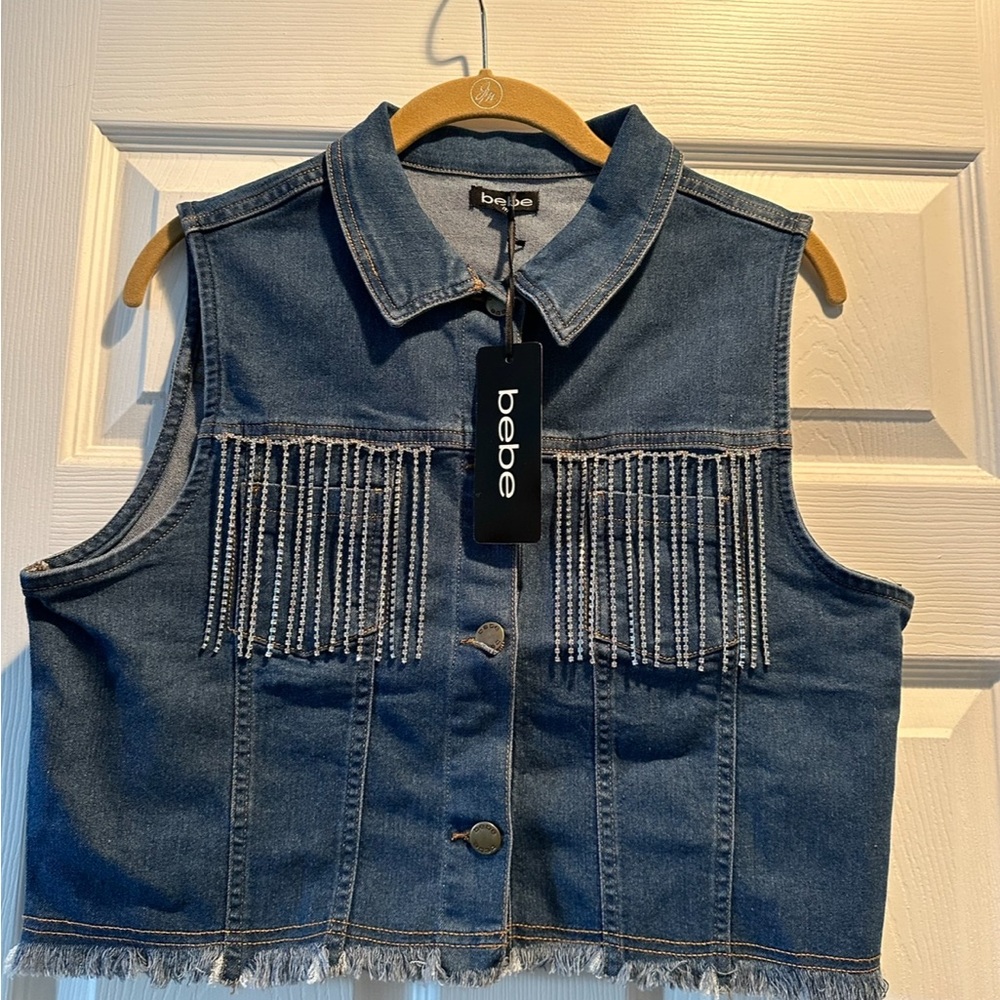 Bebe Cropped Denim Vest with Fringe - NWT - M - Women’s